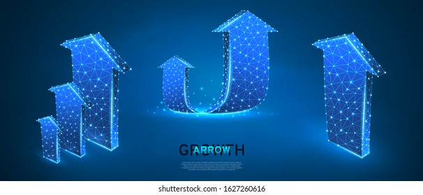 Arrows up, success, set of teamwork signs. Growth trend, cooperation or business partnership concept on blue neon background. Low poly, abstract, polygonal, wireframe 3d vector illustration