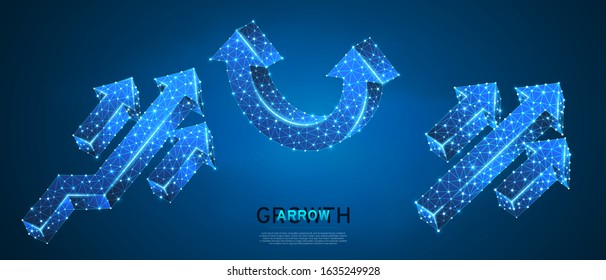 Arrows up, success, set of teamwork signs. Low poly, abstract, polygonal, wireframe 3d vector illustration. Growth trend, cooperation or business partnership concept on blue neon background
