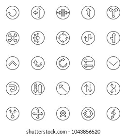 Arrows variety outline icons set. linear style symbols collection, line signs pack. vector graphics. Set includes icons as reload, left and straight, close the door, upper , two way, connector 