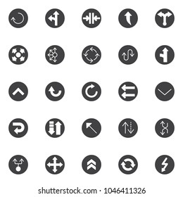 Arrows variety vector icons set, modern solid symbol collection, filled style pictogram pack. Signs logo illustration. Set includes icons as reload, left and straight, close the door, upper connector 