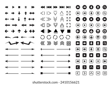 Arrows of various designs. Black and black line backer arrow icon set.