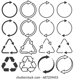 Arrows in various type, silhouette, outline icon such as recycle sign, plastic type sign