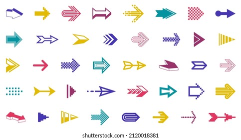 Arrows vector big set of different shapes styles and concepts, cursors for icons or logo creation, graphic design elements for web or print.
