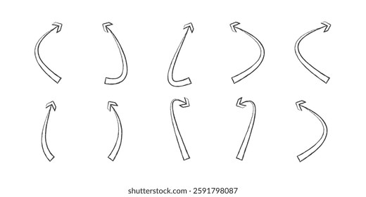 Arrows vector with Charcoal effect. Flat black arrows isolated on transparent background. Charcoal effect, black arrows vector, grunge arrows PNG, hand-drawn, brush stroke