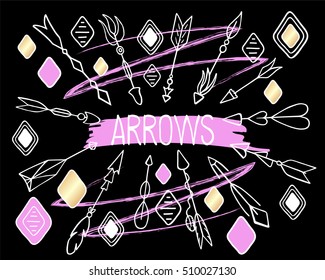 Arrows vector clipart on black background. Hand-drawn arrows in boho style. Ethnic arrows draw by white chalk. Tribal indian native clip art collection for wedding decor, paper craft, patterns