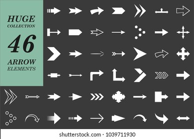 Arrows vector collection with elegant style. Gray background with white arrows, huge collection.