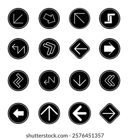 Arrows vector collection with elegant style and black color. Arrow vector icon, arrow sign up, right, down, round, next, forward, direction. Web button navigation, White symbol Illustration.