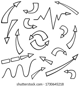Arrows Vector collection. Set of business and ecology icons. Contour on an isolated white background. Doodle style. Sketch. Symbols Iconography. Illustration for web design, instructions.