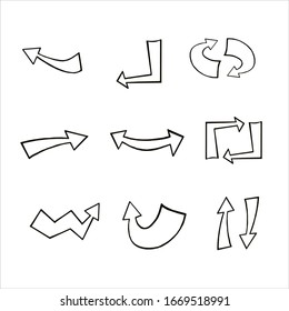  Flechas. Flechas vectoras de mano libre en estilo doodle. Ilustración lineal. Coloque flechas negras sobre un fondo blanco. Ilustración EPS 10