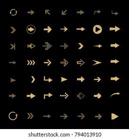Arrows vector gold icon set interface symbol for app, web and music digital illustration design. Application isolated flat sign collection on black background