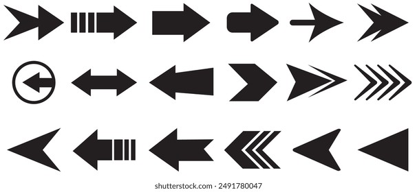 Arrows vector icons illustration. Arrow icons mega bundle set. Arrow, cursor, modern simple arrows. Big vector set of black arrow signs and direction pointers.  Vector illustration.

