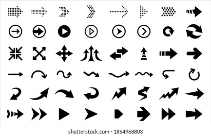 Arrows vector icons isolated on white background. Big vector set of black arrow signs and direction pointers.