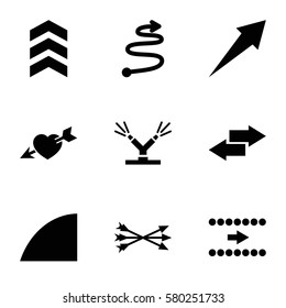 arrows vector icons. Set of 9 arrows filled icons such as heart with arrow, angle, watering system