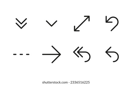 Arrows vector icons set black outline. Drop down menu, to the right, full screen, return, back twice concept sign. Flat isolated symbols for app, interface, web, ui, ux. EPS 10. Vector illustration