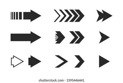 Arrows vector icons set. Flat different black arrows illustration isolated on white background. Interface elements for web or app design. Forward, Next, Play, Fast pictogram for navigation buttons.