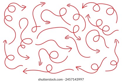 arrows vector icons set. Hand drawn freehand different curved lines, swirls arrows. Doodle marker drawing. Vector illustration. 11:11
