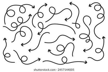 arrows vector icons set. Hand drawn freehand different curved lines, swirls arrows. Doodle marker drawing. Vector illustration. 11:11