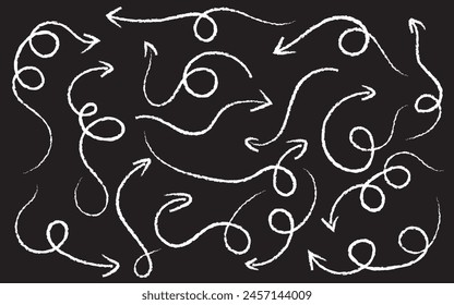 arrows vector icons set. Hand drawn freehand different curved lines, swirls arrows. Doodle marker drawing. Vector illustration. 11:11