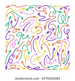 Arrows vector icons set. Hand drawn freehand different curved lines, swirls arrows. Doodle marker drawing, Direction pointers. Scribbles and scratches.