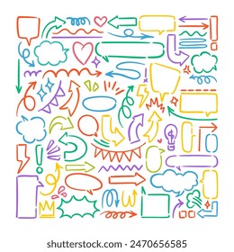 Arrows vector icons set. Hand drawn freehand different curved lines, swirls arrows. Doodle marker drawing, Direction pointers. Scribbles and scratches.