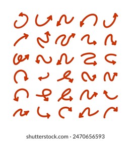 Arrows vector icons set. Hand drawn freehand different curved lines, swirls arrows. Doodle marker drawing, Direction pointers. Scribbles and scratches.