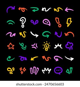 Arrows vector icons set. Hand drawn freehand different curved lines, swirls arrows. Doodle marker drawing, Direction pointers. Scribbles and scratches.