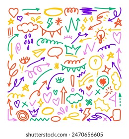 Arrows vector icons set. Hand drawn freehand different curved lines, swirls arrows. Doodle marker drawing, Direction pointers. Scribbles and scratches.