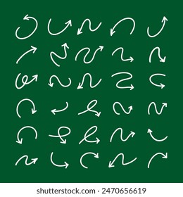 Arrows vector icons set. Hand drawn freehand different curved lines, swirls arrows. Doodle marker drawing, Direction pointers. Scribbles and scratches.