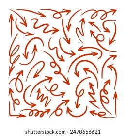 Arrows vector icons set. Hand drawn freehand different curved lines, swirls arrows. Doodle marker drawing, Direction pointers. Scribbles and scratches.