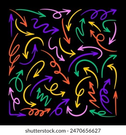 Arrows vector icons set. Hand drawn freehand different curved lines, swirls arrows. Doodle marker drawing, Direction pointers. Scribbles and scratches.