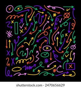 Arrows vector icons set. Hand drawn freehand different curved lines, swirls arrows. Doodle marker drawing, Direction pointers. Scribbles and scratches.
