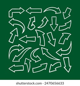 Arrows vector icons set. Hand drawn freehand different curved lines, swirls arrows. Doodle marker drawing, Direction pointers. Scribbles and scratches.