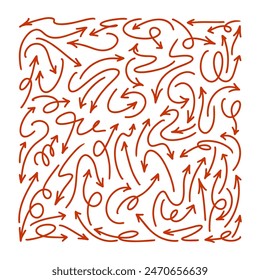 Arrows vector icons set. Hand drawn freehand different curved lines, swirls arrows. Doodle marker drawing, Direction pointers. Scribbles and scratches.
