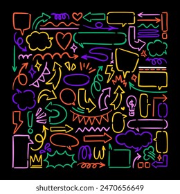 Arrows vector icons set. Hand drawn freehand different curved lines, swirls arrows. Doodle marker drawing, Direction pointers. Scribbles and scratches.