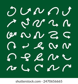 Arrows vector icons set. Hand drawn freehand different curved lines, swirls arrows. Doodle marker drawing, Direction pointers. Scribbles and scratches.