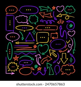 Arrows vector icons set. Hand drawn freehand different curved lines, swirls arrows. Doodle marker drawing, Direction pointers. Scribbles and scratches.