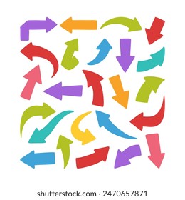 Arrows vector icons set. Hand drawn freehand different curved lines, swirls arrows. Doodle marker drawing, Direction pointers. Scribbles and scratches.