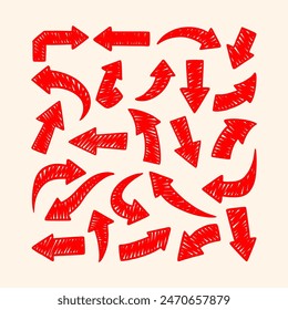 Conjunto de iconos vectoriales de flechas. Dibujado a mano alzada diferentes líneas curvas, remolinos flechas. Dibujo de marcador de garabato, punteros de dirección. Garabatos y arañazos.