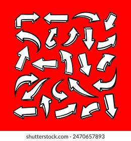 Arrows vector icons set. Hand drawn freehand different curved lines, swirls arrows. Doodle marker drawing, Direction pointers. Scribbles and scratches.