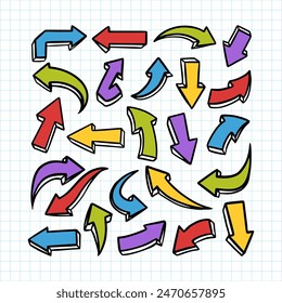 Arrows vector icons set. Hand drawn freehand different curved lines, swirls arrows. Doodle marker drawing, Direction pointers. Scribbles and scratches.