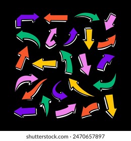Arrows vector icons set. Hand drawn freehand different curved lines, swirls arrows. Doodle marker drawing, Direction pointers. Scribbles and scratches.