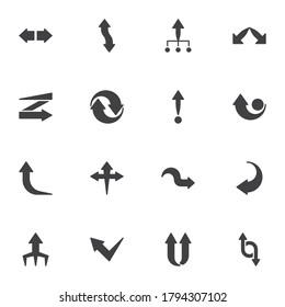 Arrows vector icons set, modern solid symbol collection, filled style pictogram pack. Signs, logo illustration. Set includes icons as direction arrow, right, left, up, down, straight pointer, cursor