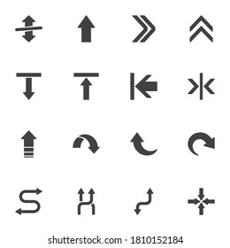 Arrows vector icons set, modern solid symbol collection, filled style pictogram pack. Signs, logo illustration. Set includes icons as curve arrow, left, right, upload, download, transfer, forward