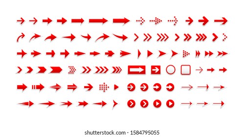 Arrows vector icons set, right pointers pack. Next, forward, previous buttons red signs bundle. Cursors pictograms collection