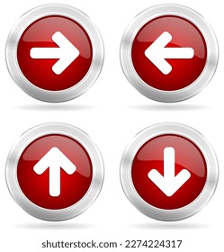 Arrows vector icons, set of right, left, up and down arrow silver metallic buttons isolated on white background.