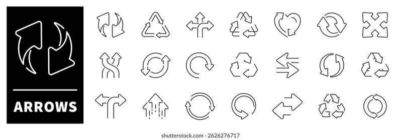 Arrows vector icons. Thin line icons related to arrows and cursor pointers. Cursor arrow, change, transfer, switch, swap, exchange, up, down and refresh symbol icons
