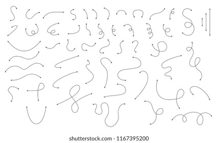 Arrows vector illustration set - hand drawn curved and circular marker elements isolated on white background. Large collection of black line abstract direction icons.