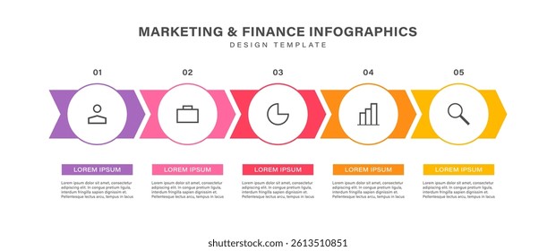 Arrows vector infographic design template with line icons and text. Five steps or options