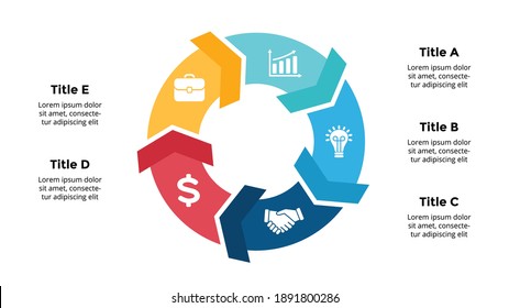 Arrows Vector Infographic. Presentation slide template. Circle diagram. Chart 5 steps. Cycle info graphics. 