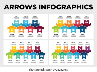 Infografía de vectores de flechas. Plantilla de diapositiva de presentación. Diagrama de gráfico. 7, 8, 9, 10 opciones. Señales arriba y abajo.